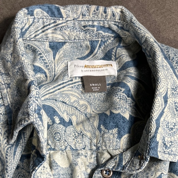 Antropologie Corduroy Paisely Blue and White Pattern Button Down Chore Shirt - Picture 3 of 9